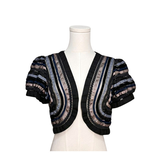 Elevenses Black Mesh Ribbon Bolero Puff Sleeve Cropped Jacket Boho Size Medium - Picture 1 of 7